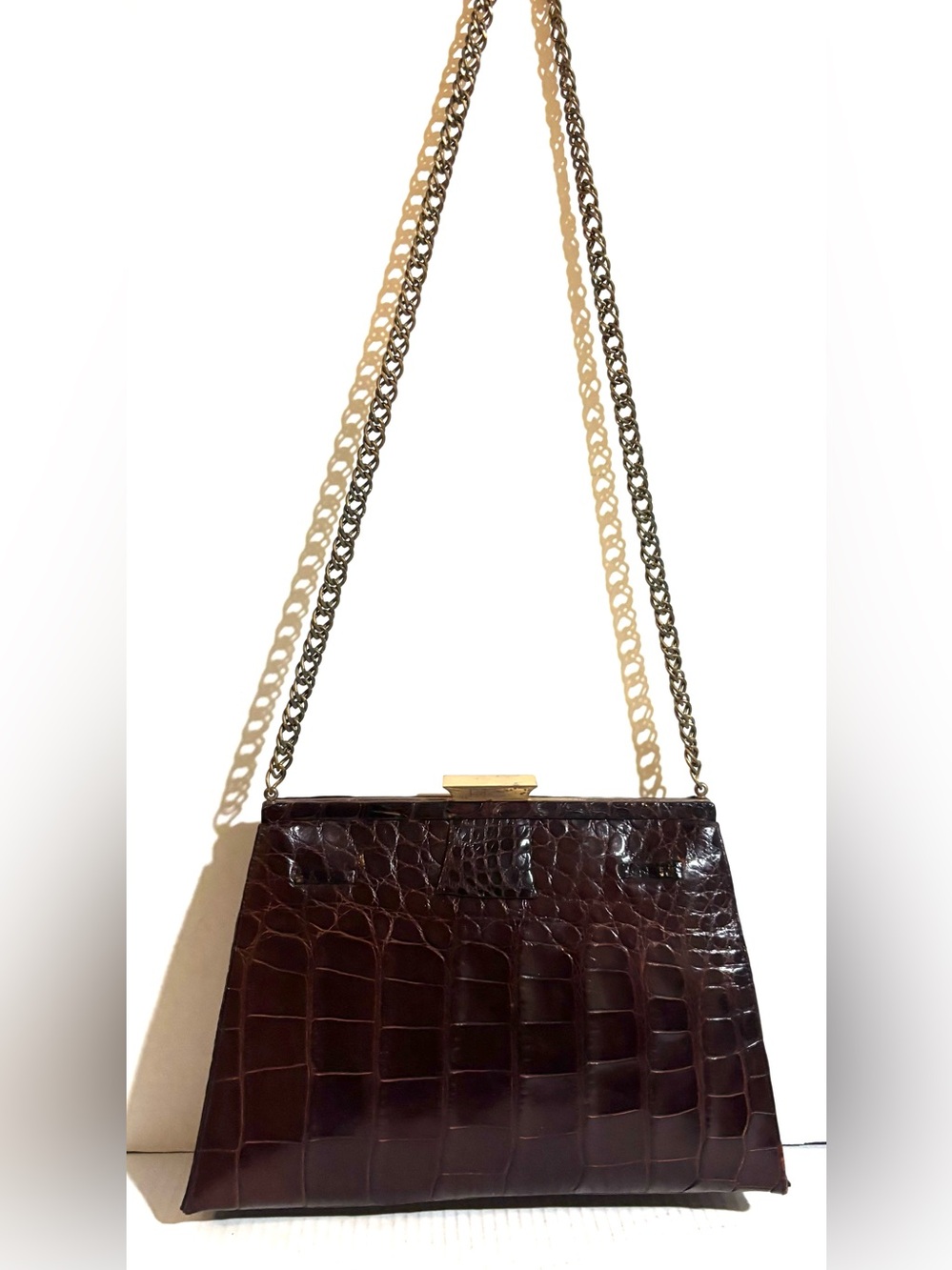 Vintage Classic crocodile leather Dark Brown Chain Shoulder Bag